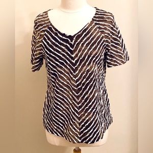 Christopher & Banks Brown White Textured V Pattern Short Sleeve Casual Top SZ L